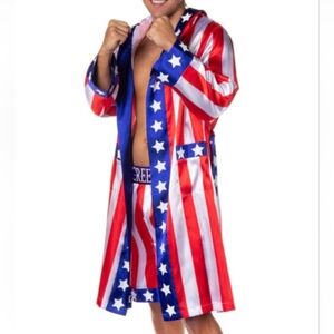 💛 NWT Men's Rocky Movie Creed Film satin hooded robe & short set, L/XL